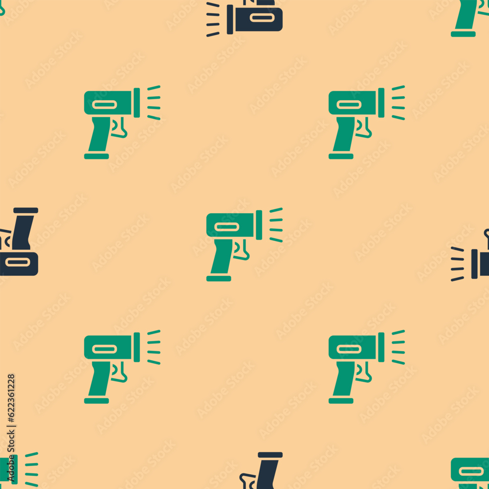 Poster green and black scanner scanning bar code icon isolated seamless pattern on beige background. barcod