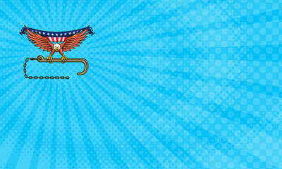 Business card showing Illustration of an american bald eagle looking to the side clutching with its talon a towing j hook draped with usa american flag with chains under done in retro style style.