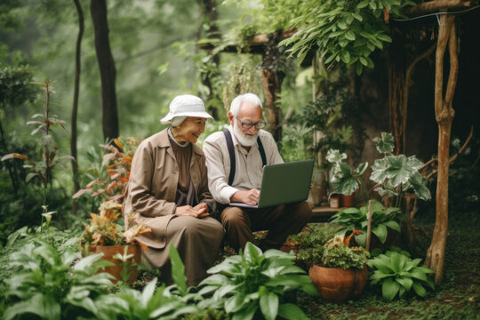 Elderly couple sitting among green plants in park or garden using laptop.