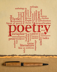 poetry word cloud - handwriting on a handmade art paper, literature terms