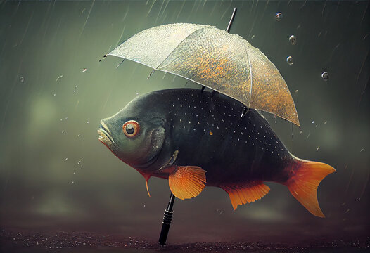 Fish with an umbrella, funny absurd illustration. AI generated.