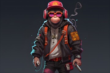 monkey wearing cool clothes and accessories. Crazy monkey, dj monkey, rapper monkey, gangster monkey. Image generated with artificial intelligence