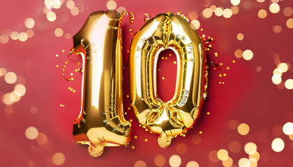 Gold foil balloon number, digit ten. Birthday greeting card with inscription 10. Anniversary celebration event. Banner. Golden numeral, red background. Numerical digit, bright shiny glitter