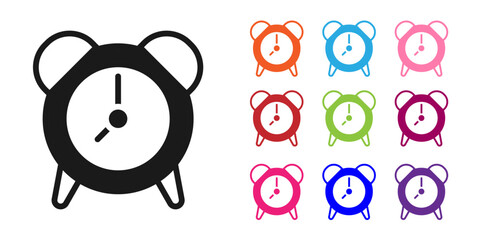 Black Alarm clock icon isolated on white background. Wake up, get up concept. Time sign. Set icons colorful. Vector