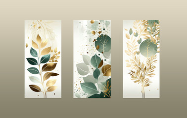 A set of 3 canvases for wall decoration in the living room, office, bedroom, kitchen, office. Home decor of the walls. Luxurious floral background with golden leaves monstera. Element for design.
