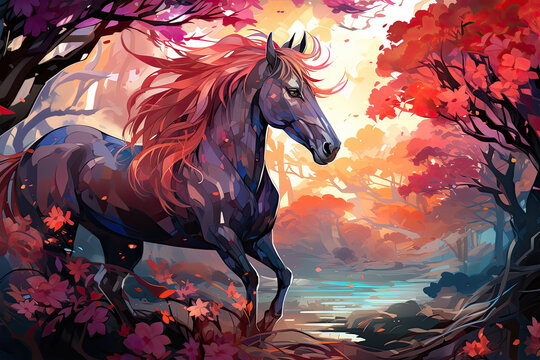 A mystical floral horse standing amidst a dense, enchanted forest, its mane and tail crafted from shimmering silver and gold leaves, Generative Ai