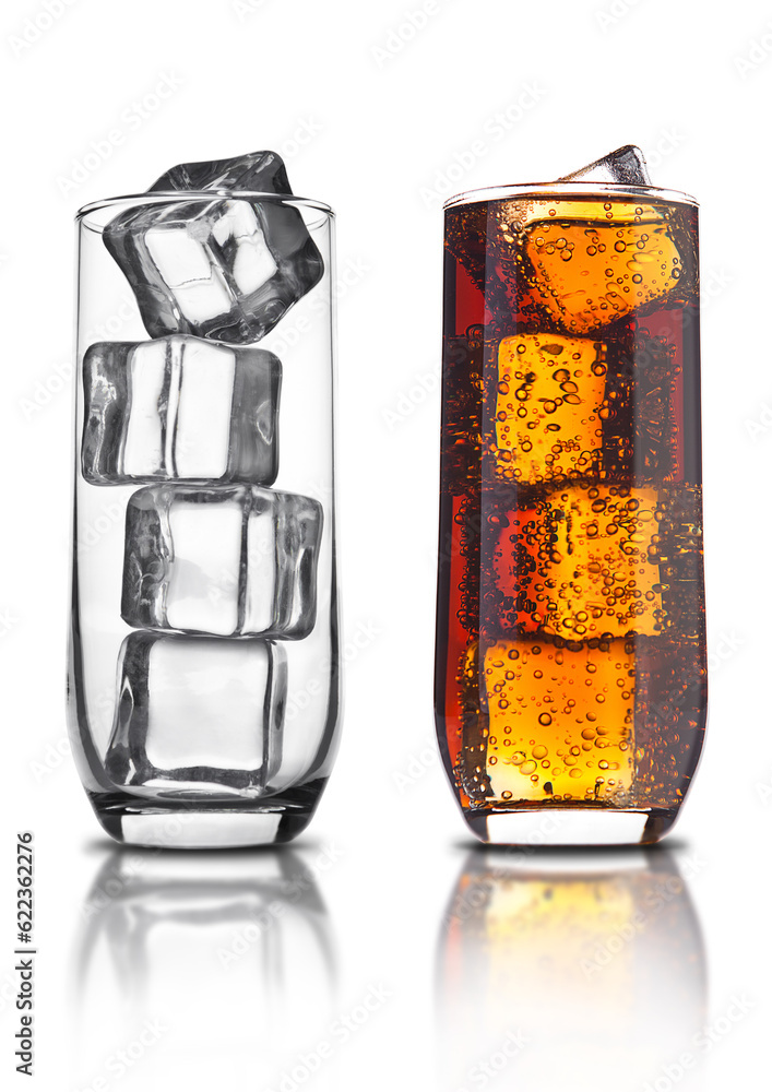 Poster glass of cola with ice cubes and empty glass and bubbles reflection on white background