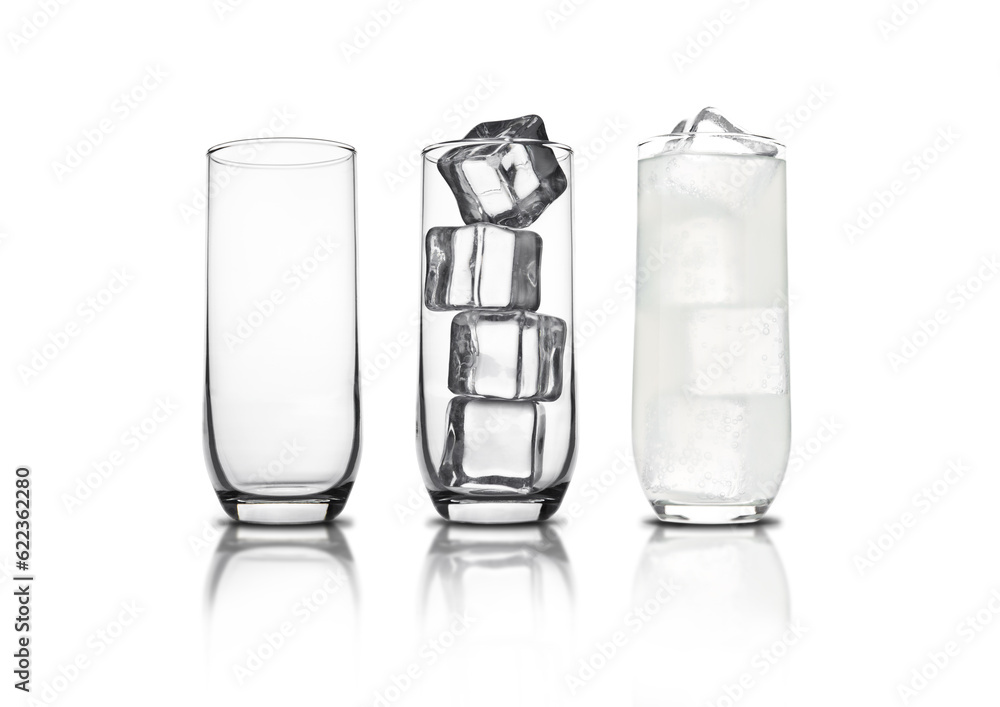 Poster glass of lemon lemonade with ice cubes and bubbles with reflection on white background