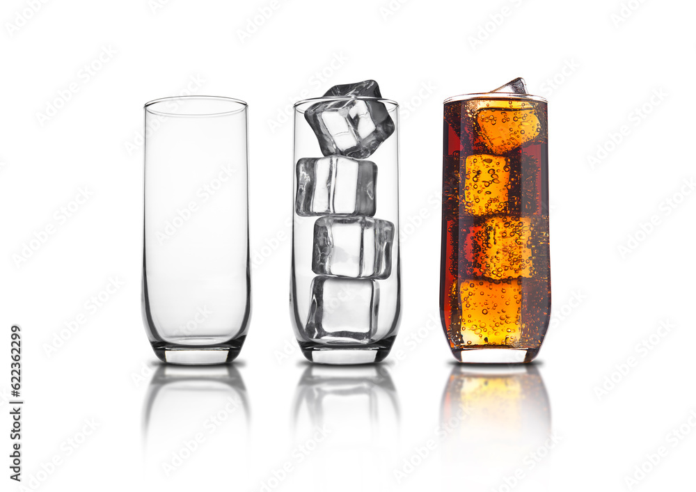Aufkleber glass of cola with ice cubes and empty glassess and bubbles reflection on white background