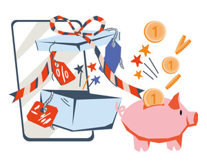 Gift coupon or bonus for loyalty program or online shopping, flat vector illustration isolated on white. Phone with gift box for discount card, coupon, voucher or certificate. Online reward and gifts.