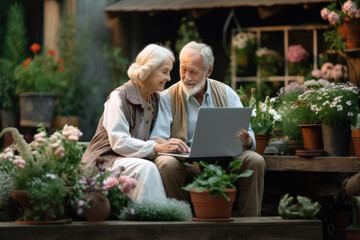 Couple of seniors sitting in park or garden using laptop.