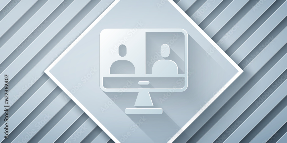 Poster paper cut video chat conference icon isolated on grey background. computer with video chat interface