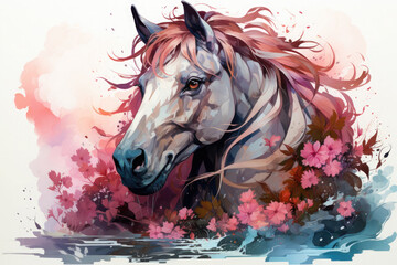 Envision a majestic floral horse with a mane made of cascading vines and vibrant, blooming roses, Generative Ai