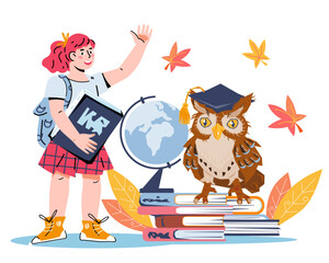 Education and back to school concept with schoolgirl and owl sitting on books with globe, flat cartoon vector illustration isolated on white background.