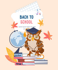 Back to school banner concept with owl sitting on books with globe, flat cartoon vector illustration. Back to school banner or poster for social media.