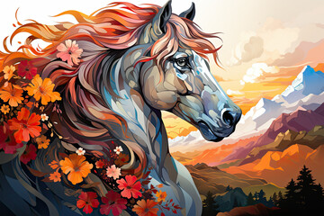 Envision a majestic floral horse with a mane made of cascading vines and vibrant, blooming roses, Generative Ai