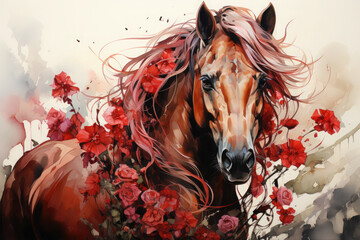 Visualize a mythical floral horse with a mane crafted from ethereal wisps of mist and delicate morning dew, Generative Ai