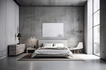 Banner in a grey bedroom with a bed, wall paneling, a coffee table for the armchair, a rug, a pendant lamp, and a concrete floor. a notion for a contemporary home design. Generative AI