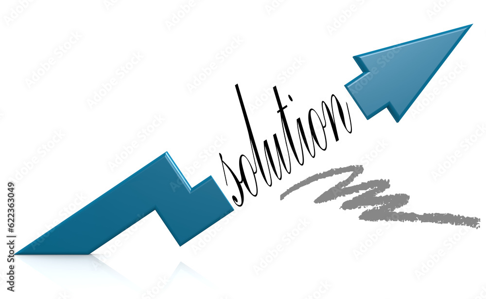 Poster blue arrow with solution word, 3d rendering