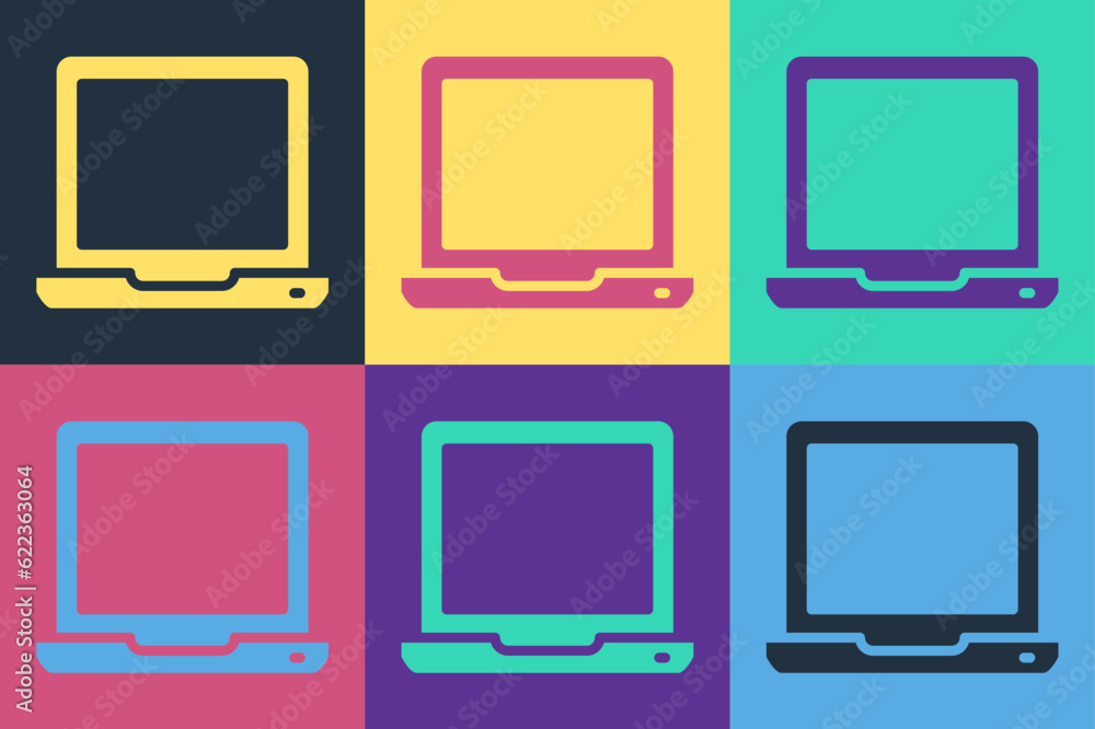 Poster pop art laptop icon isolated on color background. computer notebook with empty screen sign. vector