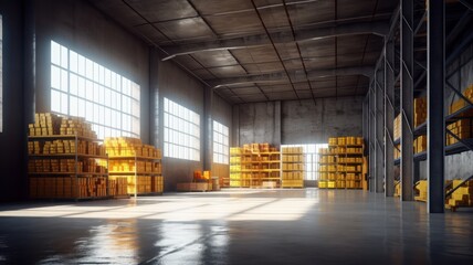Large industrial warehouse. High racks filled with boxes and containers. Boxes on pallets in the sorting area. Daylight fills the room through the windows. Global logistics concept. 3D illustration.