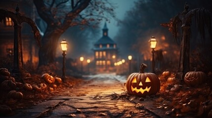 
Scary Halloween background with pumpkins and old castle. Generative AI.
