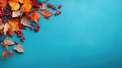 
Autumn leaves and berries on blue background. Top view with copy space. Generative AI.
