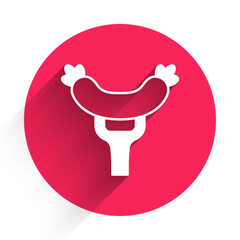 White Sausage on the fork icon isolated with long shadow background. Grilled sausage and aroma sign. Red circle button. Vector