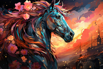 Envision a majestic floral horse with a mane and tail made of shimmering autumn leaves in hues of golden yellow, Generative Ai
