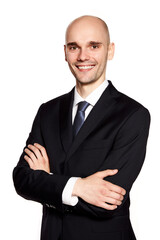 Portrait of young manager. Studio shot isolated on white.