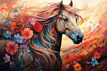 Visualize a whimsical floral horse with a mane and tail crafted from vibrant, exotic flowers in tropical hues, Generative Ai