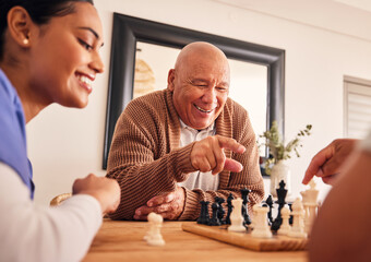 Senior man, nursing home and chess for game, competition and happy with friends, strategy and relax...