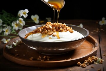 Granola in a plate with yogurt and honey .