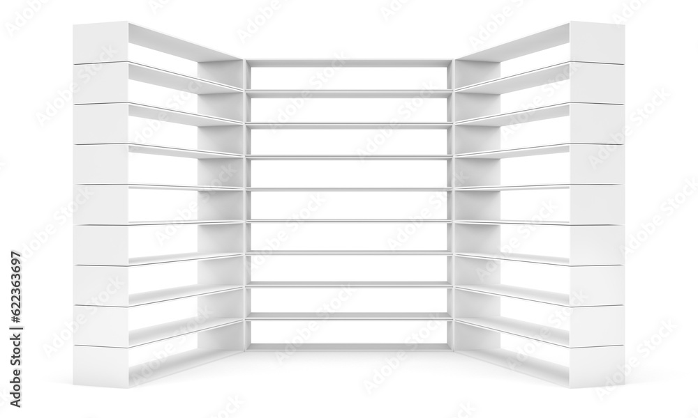Poster empty shelves on white background. 3d rendering. template for business design