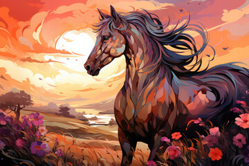 Visualize a whimsical floral horse with a mane and tail crafted from vibrant, exotic flowers in tropical hues, Generative Ai