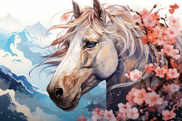 Fototapeta na wymiar Visualize a whimsical floral horse with a mane and tail crafted from vibrant, exotic flowers in tropical hues, Generative Ai