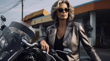 Fototapeta na wymiar Beautiful 50 yo woman biker is sitting on her motorcycle, on urban background. Wearing short shorts and a leather jacket.