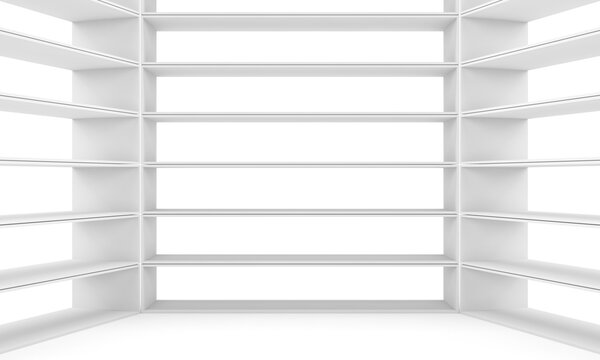 Empty shelves, blank bookcase library. White background. 3D rendering