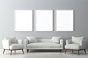 Living room with a sofa and a mock-up of white frames on the wall