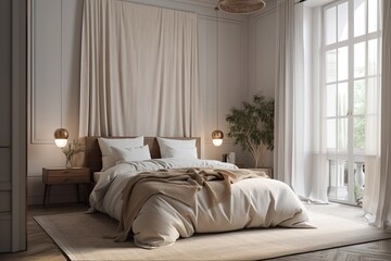 Bedroom interior. Against the backdrop of pastel walls, a king sized white bed furnished with brown pillows and a veil is seen. Generative AI