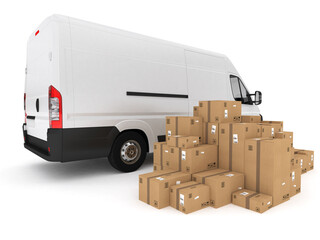 Loading stack of packed boxes on van  . 3D Rendering