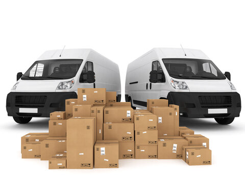 Loading stack of packed boxes on van  . 3D Rendering