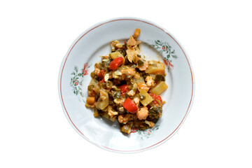 Healthy food. Vegetable stew made from stewed vegetables, zucchini, cauliflower, bell pepper, onion, dill, parsley.