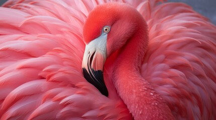 Fototapeta premium Exquisite Feathers in a Dance of Light, Close Up of a Pink Flamingo Under Backlight, Nature's Golden Ratio.