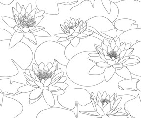 Water lilies seamless pattern. Ornament for coloring. Black and white print in doodle style. Vector illustration.