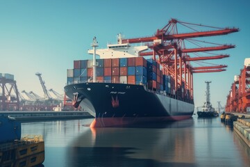 Fototapeta premium Container ship enters the water area of a giant seaport cargo terminal. Port cranes on the berths are ready to unload the ship. Global freight transportation and logistics concept. 3D illustration.