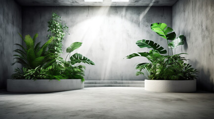 Generative AI: background with stage and on stone floor, tropical plants on the side,