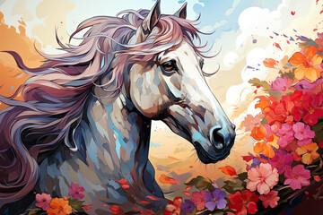 Envision an elegant floral horse with a mane and tail adorned with vibrant sunflowers and daisies, Generative Ai