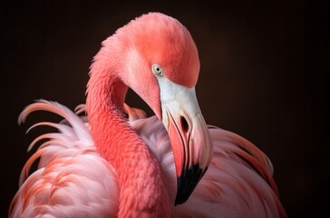 Fototapeta premium Exquisite Feathers in a Dance of Light, Close Up of a Pink Flamingo Under Backlight, Nature's Golden Ratio, Generative AI
