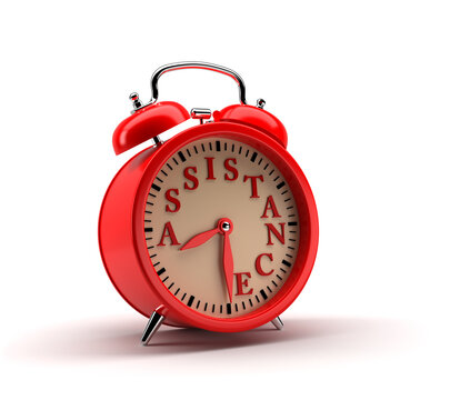 Red alarm clock with ASSISTANCE word and clipping path.